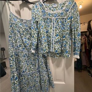 Pink City Prints Blue & Green Floral Two-Piece Skirt and Blouse Set